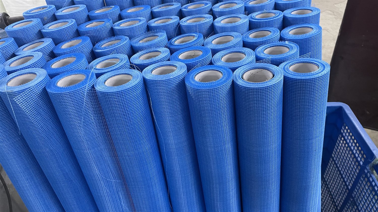 Blue fiberglass mesh fabric rolls